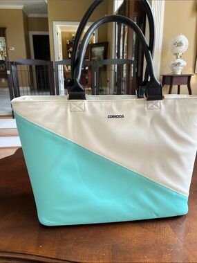 Corkcicle Mint and Cream Diagonal Tote with Black Handles